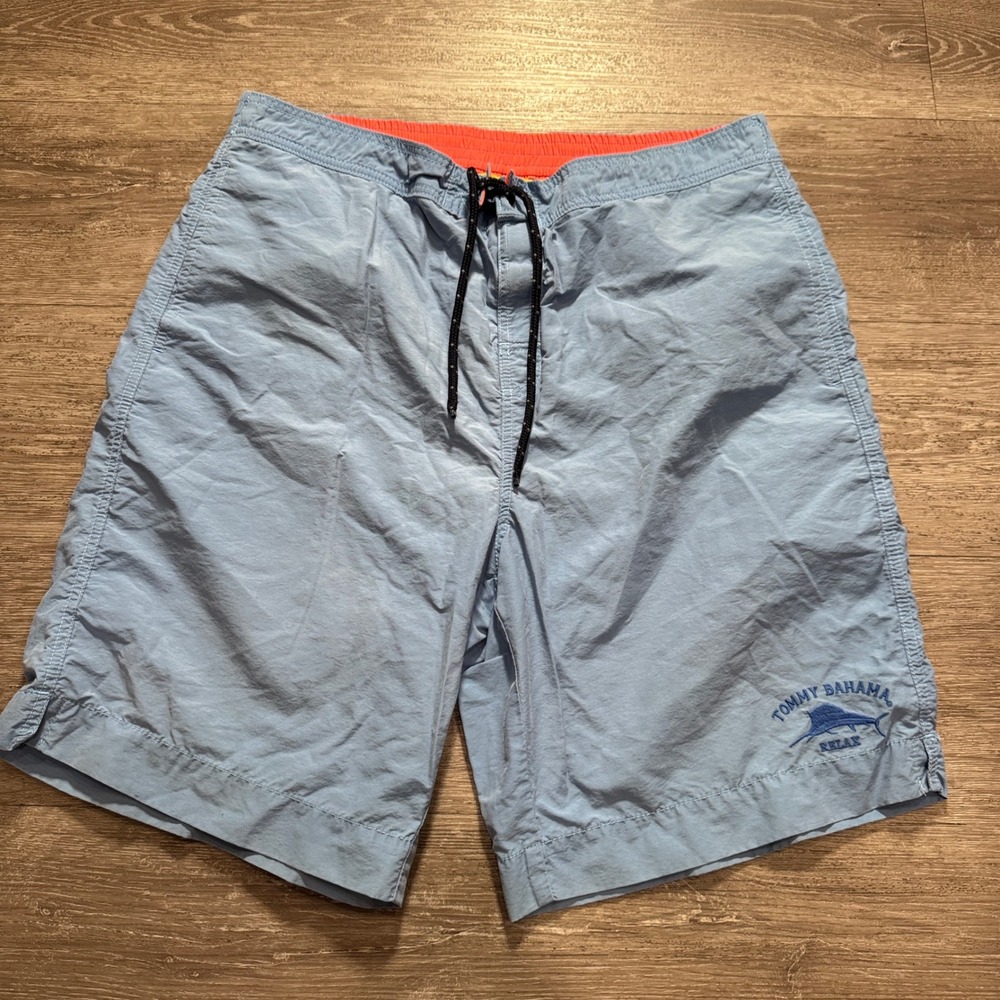 Tommy Bahama Swim Trunks Mens L Blue Cotton Nylon Vacation Beachwear Marlin Logo
